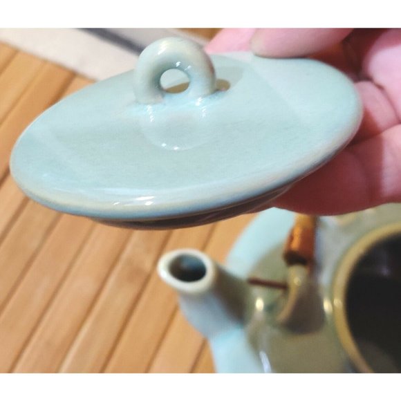 Vintage Mint Green Teapot Asian Japanese Chinese Archaic Calligraphy Writing - Picture 6 of 12